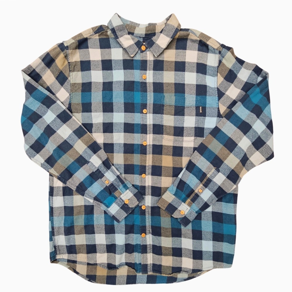 Hurley Flannel Shirt Mens Large Blue Plaid Organic Cotton Button Down Layering